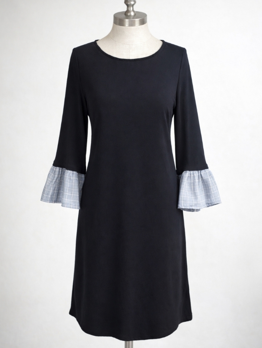 Anthropologie Pleione Black Knit Shift Dress Plaid Ruffle Bell Sleeve Small